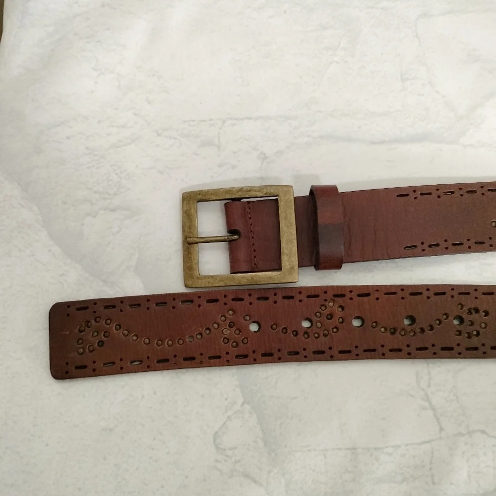 Unisex Brown Leather Belt Embossed Brass Brads Buckle Diecut Western Retro